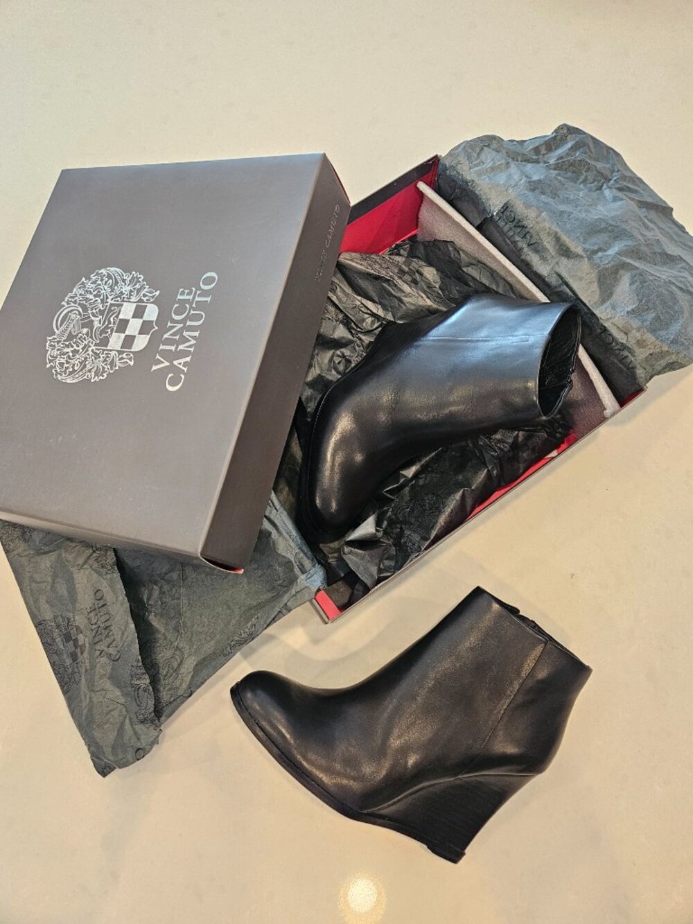 Vince Camuto Gemina Wedge Leather Boots - Black - Size 7.5